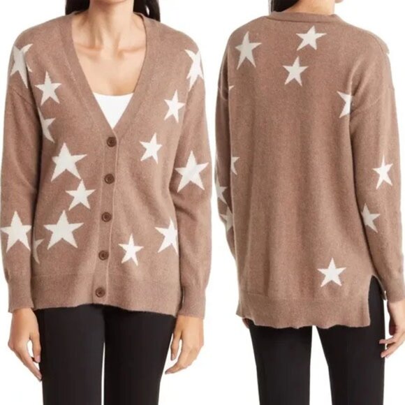 MAGASCHONI 100% Cashmere Star V-Neck Longline Cardigan Camel White S $295 SOFT - Picture 1 of 14